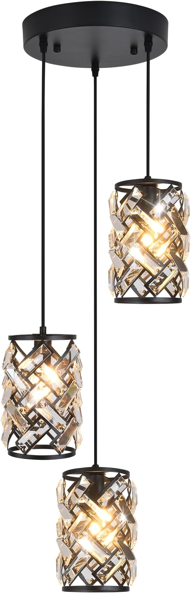 Black Crystal Pendant Light for Kitchen Island, Adjustable Hanging Chandelier with Ambient Lighting, 51 Inch Chain, E12 Base, Plated Modern Farmhouse Fixture for Dining Room, Bedroom, Living Room