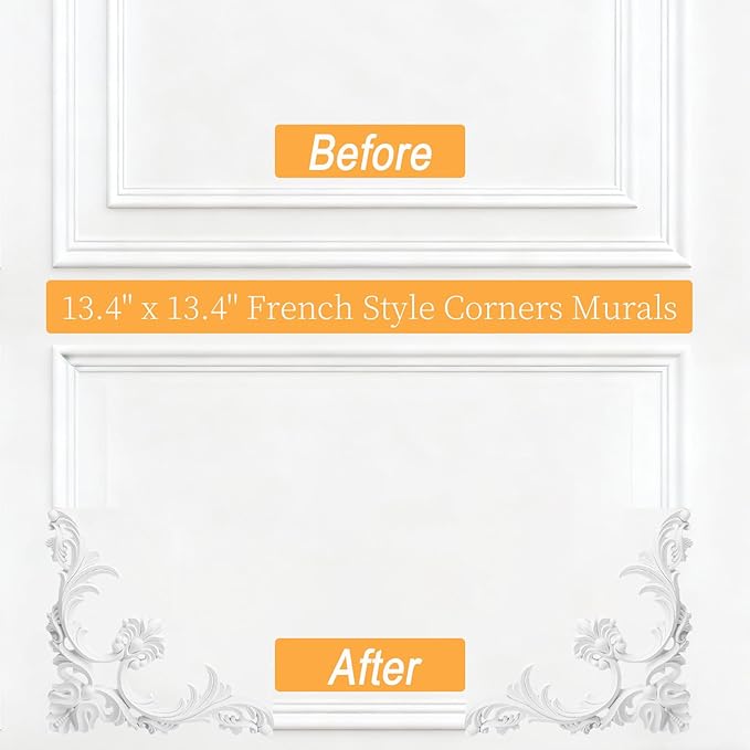 4 Pack Ceiling Molding Kit - 13.4'' x 13.4'' French Style Corners Murals Trim Accent Wall Decor with Flowers Pattern Decorative Panels for Christmas Fireplace Medallion Wall Cabinet Staircase DIY