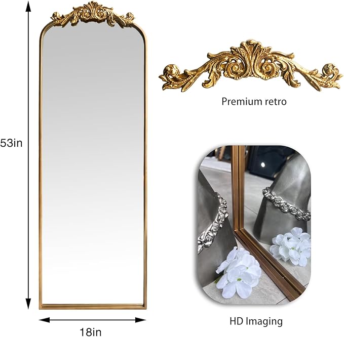 Large Gold Antique Mirror, Tall Arched Floor Mirror,Ornate Design Vintage Wall Mirror Decor for Entryway,Hallway,Living Room,Fireplace 18"X53"