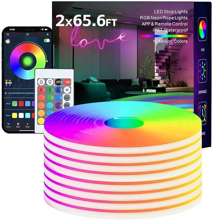 Neon Rope Lights, 2x65.6FT RGB LED Strip Lights, App Control, IR Remote, Outdoor IP67 Waterproof, Music Syncing, Flexible DIY Design for Bedroom, Gaming, Party, Christmas Decor