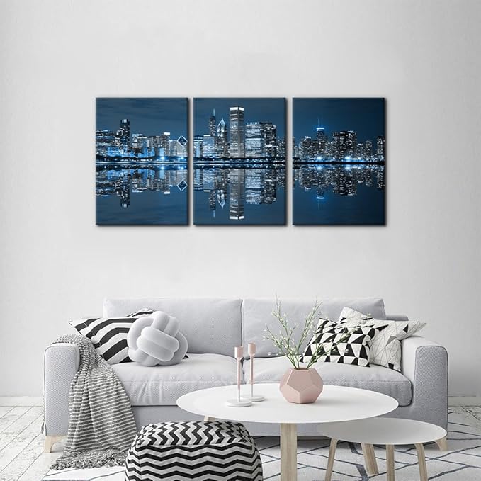 Pacimo Chicago Cityscape Modern Canvas Wall Art Prints Artwork Skyscrapers at Night View Paintings City Skyline Pictures Painting for Home Decorations Decor Framed Ready to Hang - 20"x28"x3 Panels