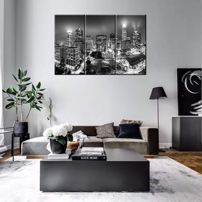 Canvas Print Wall Art Painting for Home Decor Black and White Charlotte Skyline Night Buildings Cityscape Coastline Paintings Artwork the Picture City Photo Prints On Canvas - 40‘’x20‘’x3 panels