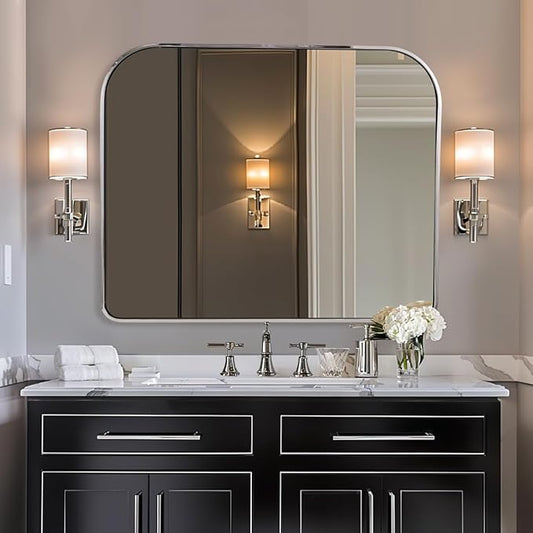 ANDY STAR Polished Chrome Arched Mirror, 36x30’’ Arch Mantel Mirror Rounded Corner for Fireplace, Bathroom, Powder Room in 1 inch Anti-Rust SUS304 Tube Metal Frame Wall Mounted