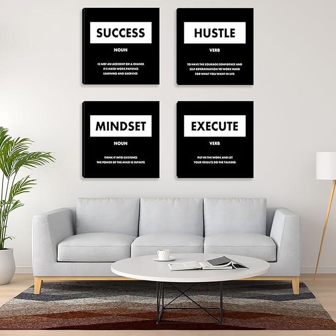 Motivational Wall Art Inspirational Office Wall Decor for Living Room Bedroom Black Decorate Wall Painting Picture Mindset Canvas Posters Prints Framed Art Work Decoration - 12"x12"x4PCS