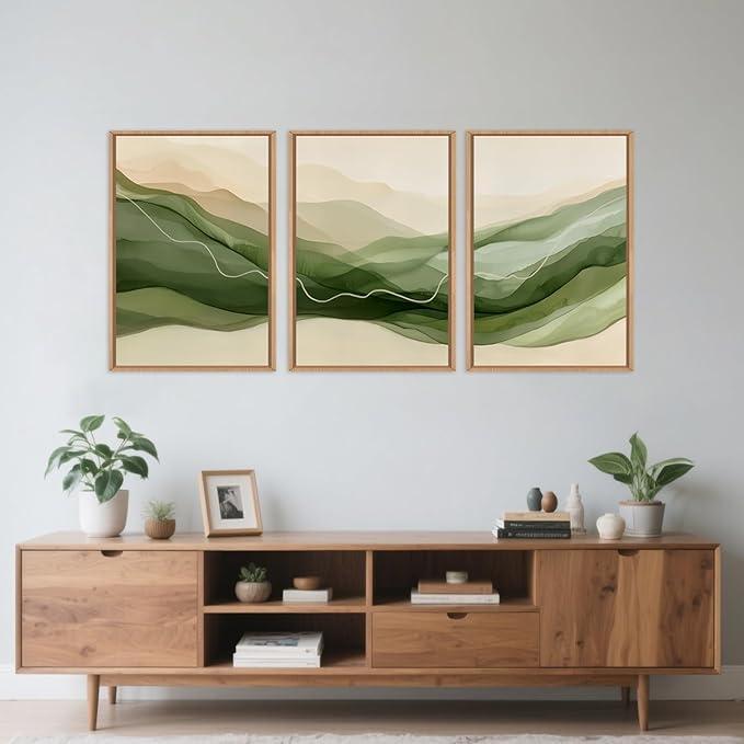 Large Abstract Smoke Waves Framed Canvas Wall Art Set,Ink Minimalist Green Beige Wall Decor,Watercolor Modern Neutral Lines Artwork for Living Room,Bedroom,Office-16 x24 x3