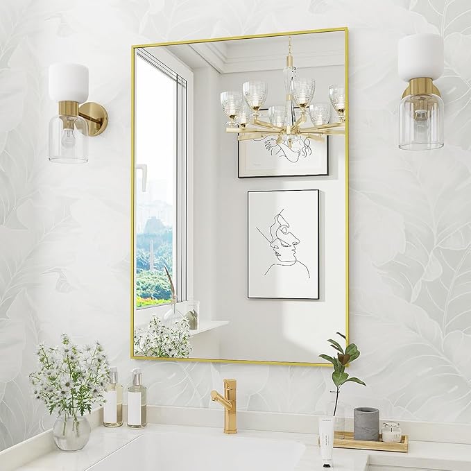 Koonmi Gold Rectangle Wall Mirror, 24x32 Inch Bathroom Mirror, Aluminum Frame Vanity Mirror for Entryway, Living Room, Bedroom Bathroom, Hangs Horizontally or Vertically