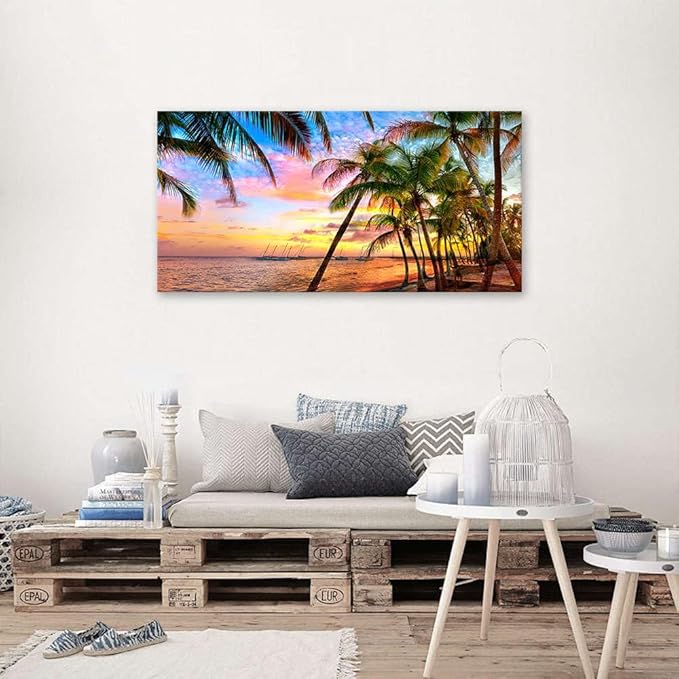 BYXART Canvas Art Wall Decor for Living Room Seascape Tropical Palm Tree Sunset Artwork Bedroom Ocean Beach Paintings for Bathroom Home Office Dining Decorations 40L x 20W