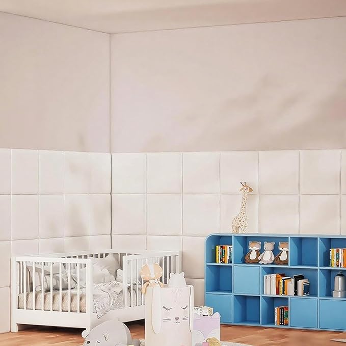 Antenat Peel and Stick Headboard, Self-Adhesive Headboard Panels for Wall, 3D Anti-Collision Wall Padding for Kids, Upholstered Wall Panels for Bedroom/Living Room, 4 Pack(White) 13.7"x13.7" Panels