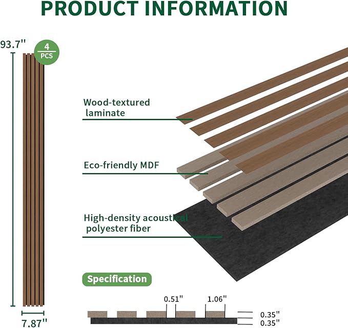 4 Panel Wood Slat Acoustic Panel 94" x8" for Sound Absorbing, Soundproof Wood Slat Panel Cover 21 Sq.Ft, 3D Fluted Sound Absorbing Paneling for Wall Decor, Living Room, Bedroom, Walnut