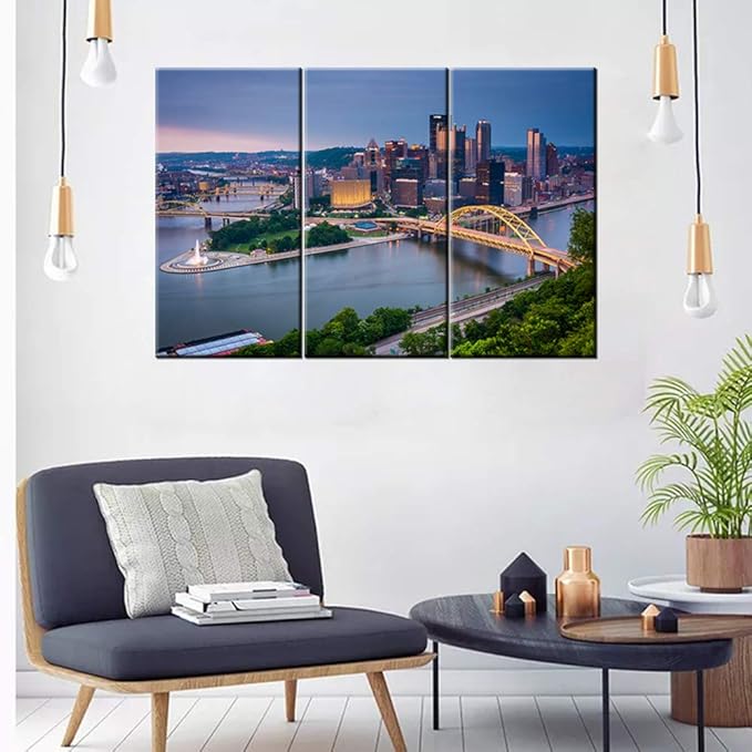 Canvas Wall Art Prints Modern Pittsburgh Cityscape Incline in Mount Washington Painting Stretched and Framed Modern Colorful Pennsylvania Skyline Buildings Picture for Home Office Decor - 28H x 42W