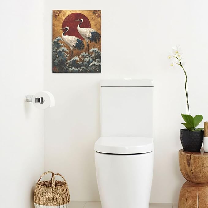 Japanese Crane Wall Art Gold Oriental Asian Wall Decor Sandhill Crane Canvas Pictures Paintings Prints Japan Traditional Aesthetic Artwork Framed Chinese Decorations For Bedroom Living Room Office Gifts 16" x 20"