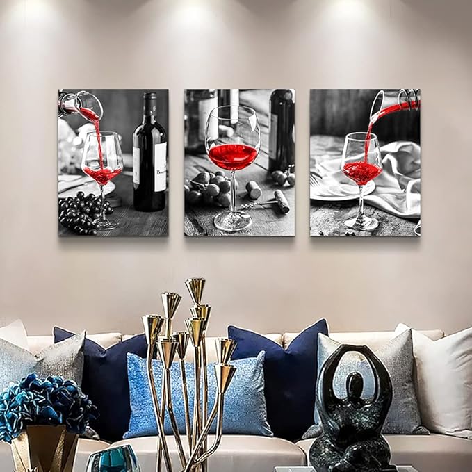 Canvas Wall Art For Kitchen Wall Decor For Dining Room Black And White Wine Glasses Painting Modern Red Wine Canvas Art Prints Ready To Wall Pictures For Restaurant Home Decorations 16"X24" 3 Pieces