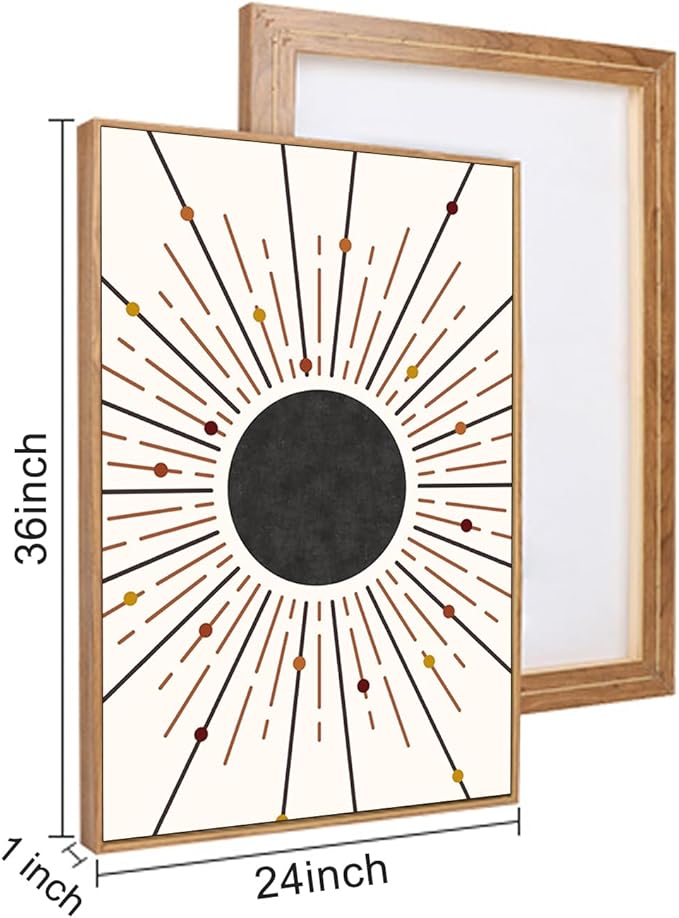 Minimalist Boho Framed Canvas Wall Art Set, Neutral Geometric Line Sun Wall Decor, Mid Century Wall Painting, Abstract Modern Bohemian Art Print for Living Room, Bedroom, Office -24"x36"x3