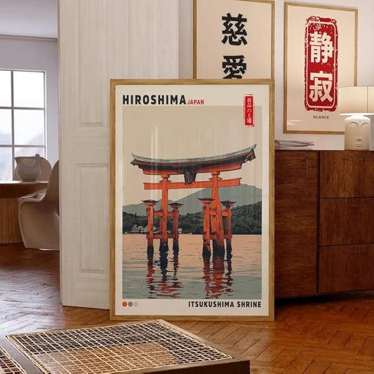 Nationcog Itsukushima Shrine Poster, Vintage Hiroshima Japan Wall Art Print, Floating Torii Gate Landscape, Japandi Asian Temple Decor for Bedroom, Living Room or Office (Unframed) (24x36)