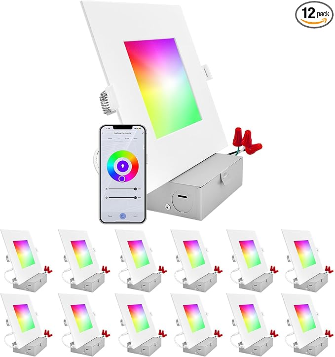 LUXRITE 12-Pack 6 Inch Square Smart LED Recessed Lighting, RGBW Color Changing, WiFi App Control, Voice Control with Alexa and Google Home, No Hub Required, 13W 1000LM, CRI 90, IC Rated, Wet Rated
