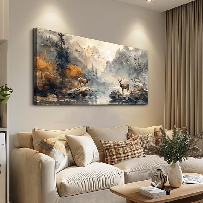 KELIYUAN Framed Canvas Wall Art Decor Living Room Large Wall Decorations For Office Mountain Landscape Ink Painting Abstract Pictures Bedroom Wall Decor Artwork Room Mural Home Decor 24x48 In