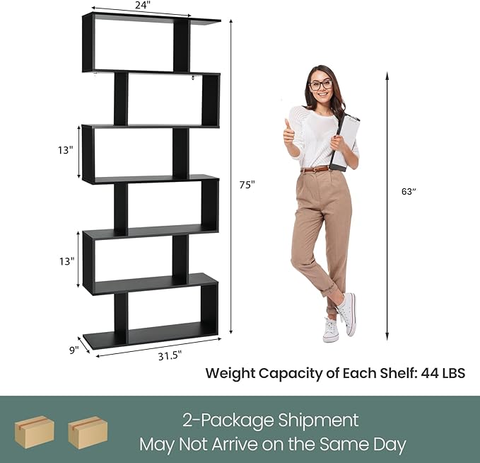6 Tier Geometric Bookcase, S Shaped Bookshelf, Book Shelf Room Divider, Wood Freestanding Display Shelves, 75 Inch Staggered Bookshelf for Bedroom Living Room (2, Black)