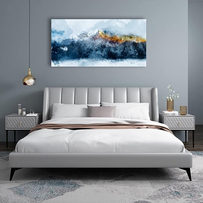 arteWOODS Mountain Canvas Wall Art Indigo Abstract Mountain Painting Prints Blue Clouds Orange Mountain Peaks Pictures Artwork for Living Room Bedroom Gallery Wall Decor Ready to Hang 29" X 58"