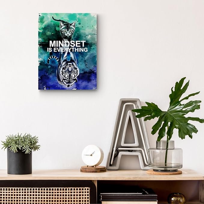 Mindset is Everything Motivational Canvas Wall Art, 11.4x15in Inspirational Quotes Framed Art Paintings Wall Decor Unique Cat Lover Gifts Prints Picture for Living Room Office Kitchen Decor