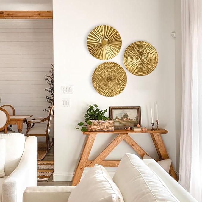 Briful 12" Gold Wall Décor Pack of 3 Metal Starbursts Radial Plate Wall Art Modern Accent Hanging Wall Decorations For Home Office Bedroom Or Living Room Wall Sculptures