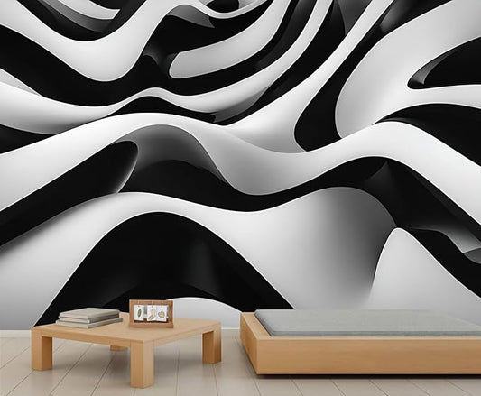 Abstract Black White Stripes Wallpaper Mural - 55" x 28" Mural, Black and White Swirl Wallpaper for Living Room Bedroom, Optical Illusion Hd Photo, Stripes Wall Mural (Not Peel and Stick)