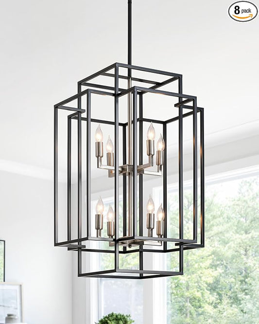 8-Light Farmhouse Chandeliers for Entryway, 31.5" Rectangular Foyer Lighting Fixtures for High Ceilings, Large Pendant Light for Staircase Entry Dinning Room Kitchen Island, Black and Brushed Nickel