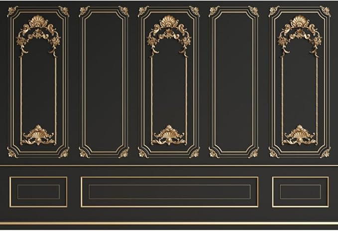 Leyiyi 12x8ft Gold Black Vintage Room Inside Backdrop European Frame Modern House French Castle Cementery Wall Retro Style Photo Background Cowboy Kids Birthday Portrait Studio Props Vinyl Wallpaper