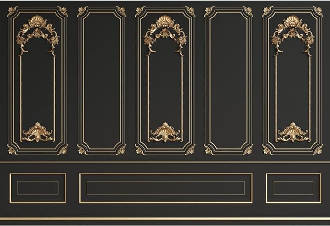 Leyiyi 5x4ft Gold Black Vintage Room Inside Backdrop European Frame Modern House French Castle Cementery Wall Retro Style Photo Background Cowboy Kids Birthday Portrait Studio Props Vinyl Wallpaper