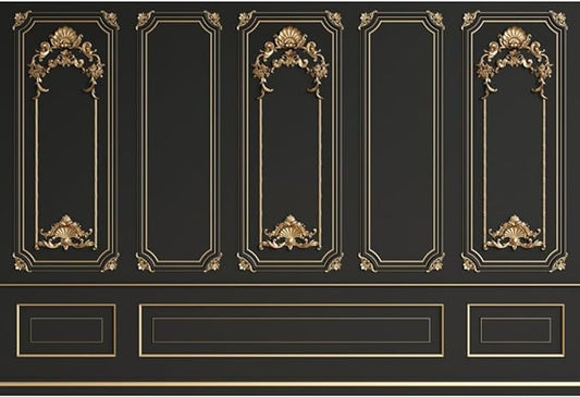 Leyiyi 5x4ft Gold Black Vintage Room Inside Backdrop European Frame Modern House French Castle Cementery Wall Retro Style Photo Background Cowboy Kids Birthday Portrait Studio Props Vinyl Wallpaper