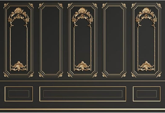 Leyiyi 5x3ft Gold Black Vintage Room Inside Backdrop European Frame Modern House French Castle Cementery Wall Retro Style Photo Background Cowboy Kids Birthday Portrait Studio Props Vinyl Wallpaper