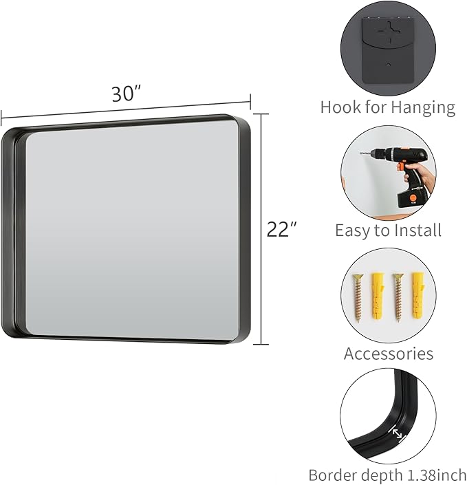 Koonmi Black Bathroom Mirror for Wall, 22x30 Inch Matte Metal Deep Framed Rounded Corner Wall Mirror, Shatterproof Tempered Glass for Farmhouse Bedroom Entryway, Vertically or Horizontally