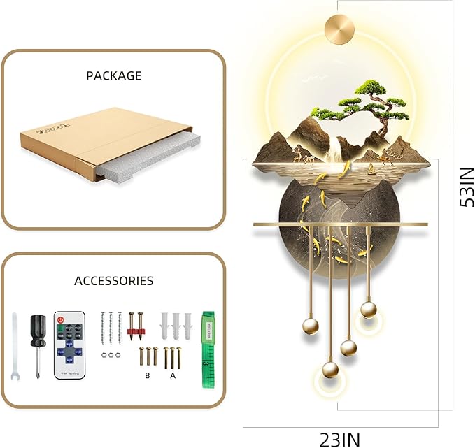 LED Light Decor Wall Art, 3D Art Wall Decor with Light, Decors Walls Sculptures Large 3D Art, Decors Walls Sculptures Lighting Modern, Plug-in Power Supply, Gold B, 23x53in