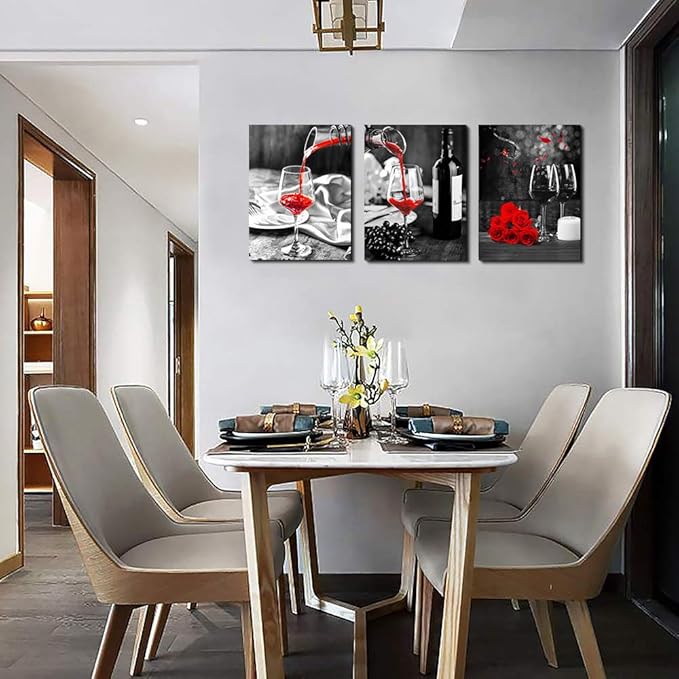 Kitchen Wall Art for dining room Wall Decor Still life Black and white Canvas art Prints Wine barrel bar Red rose painting modern family wall decorations restaurant bedroom Decor Artwork 3 piece set
