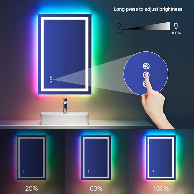 LOAAO 28"X36" LED Bathroom Mirror with Lights, Anti-Fog, Dimmable, RGB Backlit + Front Lighted, Bathroom Vanity Mirror for Wall, Memory Function, Tempered Glass (Safe to Use)