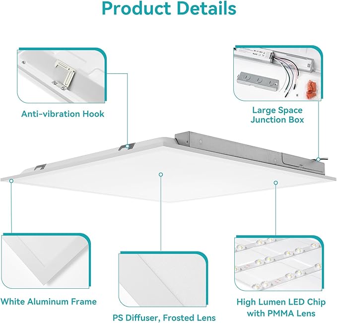2x2 LED Flat Panel Light for Drop Ceiling, 0-10V Dimmable, 30W/40W/50W Selectable, 4CCT 3000K/4000K/5000K/6000K, Up to 5500LM, ETL Listed, 100-277V, 16 Pack