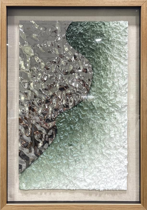 BrightA Embossed Metal Wave Wall Art - Hand-Painted Tissue Paper Gradient (Mist Green) and Silver 3D Wall Art, Contemporary Abstract Metal Sculpture for Living Room 27.5"x 39.4"