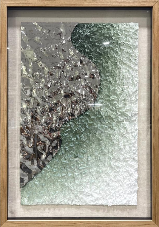 BrightA Embossed Metal Wave Wall Art - Hand-Painted Tissue Paper Gradient (Mist Green) and Silver 3D Wall Art, Contemporary Abstract Metal Sculpture for Living Room 27.5"x 39.4"