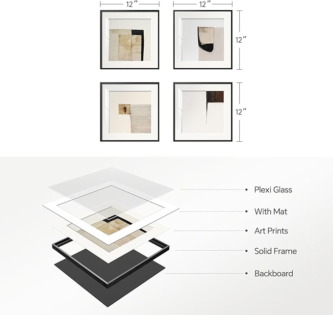 4 Piece Framed Neutral Abstract Wall Art Set, Tan and Black Geometric Modern Pictures Prints, Minimalist Luxury Paintings Artwork for Bedroom, Bathroom, Hallway and Living Room 12x12 Inch