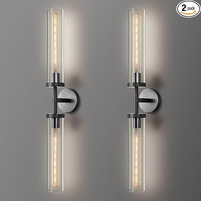 Black Wall Sconces Set of Two, 30" Modern Wall Lighting, Double Lights with Clear Glass Tubes, Knurled Vanity Light for Bathroom, Living Room, Bedroom, Hardwired (Including Bulb)