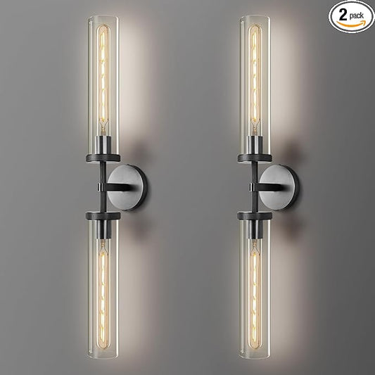 Black Wall Sconces Set of Two, 30" Modern Wall Lighting, Double Lights with Clear Glass Tubes, Knurled Vanity Light for Bathroom, Living Room, Bedroom, Hardwired (Including Bulb)