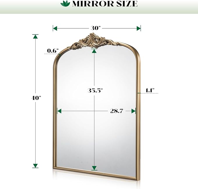 Arched Antique Wall Mirror, 30"x40" Vintage Gold Bathroom Vanity Mirror, Ornate Arch Bronze Mirror for Over Sink/Fireplace/Entryway