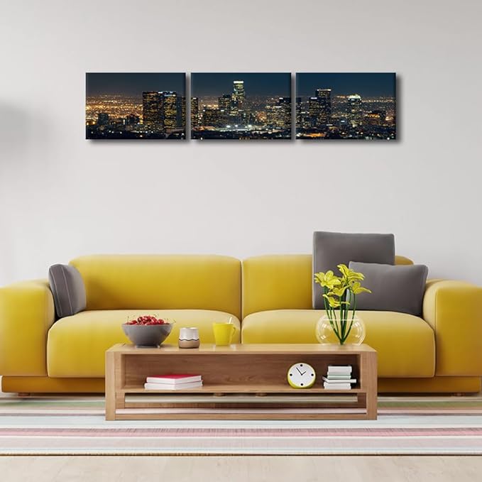 City Skyline Wall Art Cityscape Paintings Modern Decor Los Skyscrapers Night Scene Picture on Canvas for Home Decor Skyline at Dusk Landscape of City Night View Artwork for Living Room 12x48 Inch