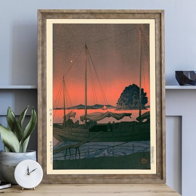 Nationcog Harbour Sunset Japanese Poster, Kawase Hasui Woodblock Print, Japandi Ocean Wall Art, Zen Vintage Decor for Calming Living Spaces (Unframed) (20x30)