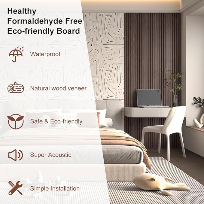 4PCS Acoustic Wood Slat Wall Panels for Wall Decor and Ceiling 3D Fluted Sound Absorbing Panel Soundproof with Wood Finish 108"×6" (Cherry Dark)