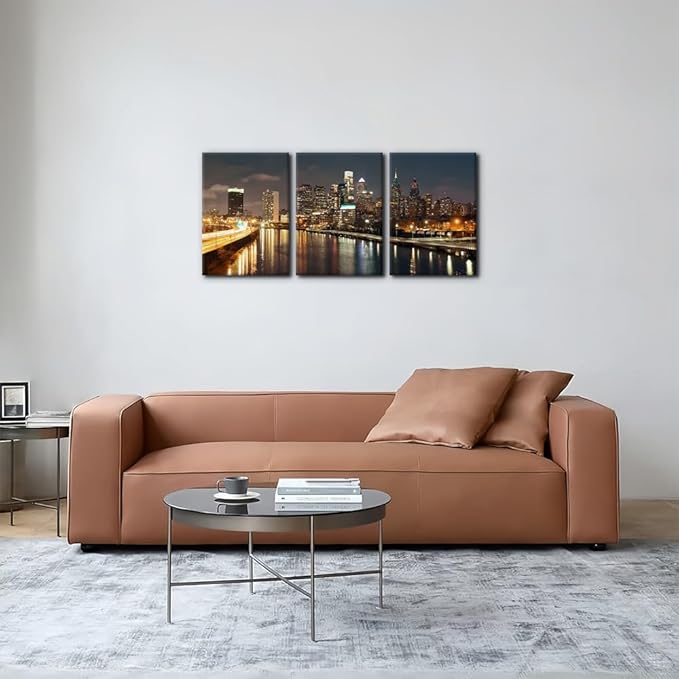 Pacimo - Cityscape Canvas Wall Art - Philadelphia Skyline with Urban Architecture - Modern Artwork Painting Prints for Home Decor Gallery Wrapped Stretched and Framed Ready to Hang - 12"x16"x3 Panels