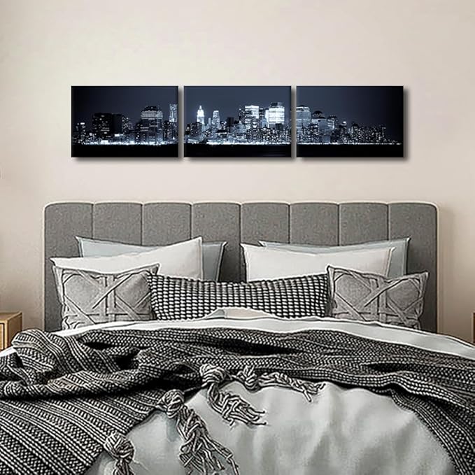 New York Skyline Canvas Wall Art Manhattan Wall Art for Living Room Cityscape at Night Pictures for Bedroom Modern Home Decor Office Bathroom Decorations Artwork Framed Ready to Hang 14x60 Inch