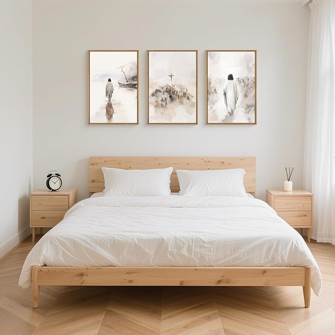 Jesus Walking on Water Canvas Wall Art,Boho Jesus Crucified Framed Wall Decor,Religious Christian Artwork,Holy Gathering Art Print for Living Room,Bedroom,Office- 24"x36"x3