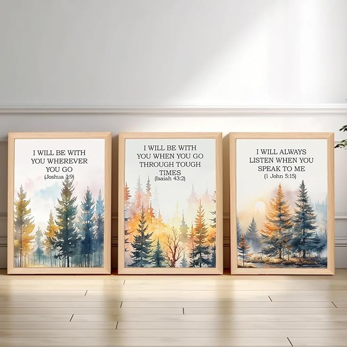 Christian Bible Wall Art Set of 3, Bible Verses Wall Decor Paintings, Religious Psalm Poster Canvas Prints, Vintage Forest Landscape Home Decoration for Living Room Bedroom 16x24 inch Wood Framed