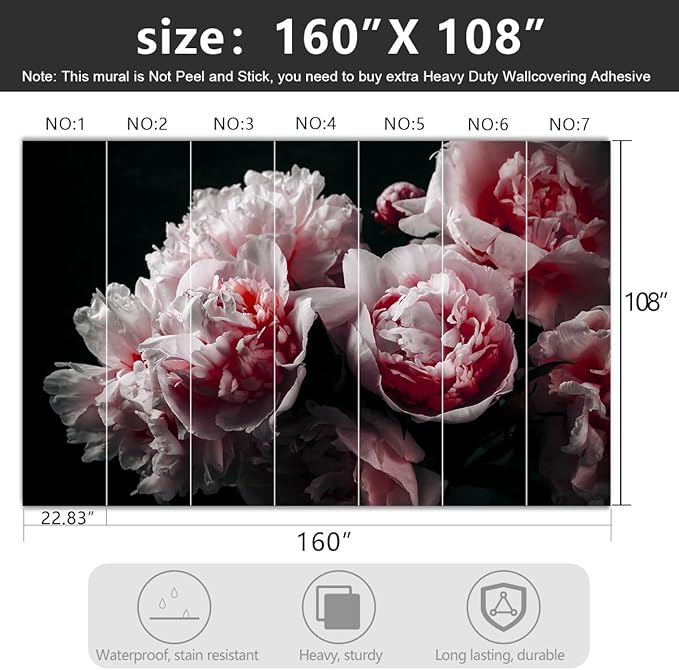 Black Peony Pink Floral Living Room Fabric Wallpaper Bedroom Bathroom Dark Flowers Large Wall Mural- 160"x108"（ not Peel and Stick）
