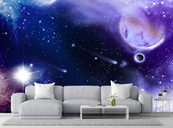 Blue and Purple Starry Sky Wallpaper, Full Moon and Stars Shining Mural, Large Wall Background Mural(Non-self-Adhesive)